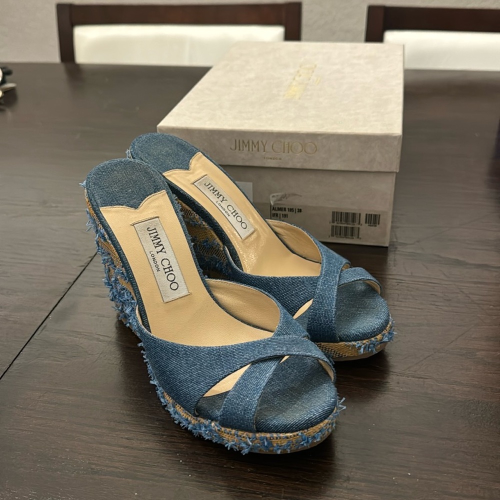 Jimmy Choo Almer 105 Denim w/fringed raffia in navy